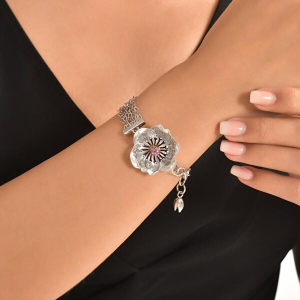 Gallica Siyah-Pembe Tohumlu Gül Model Gümüş Bileklik