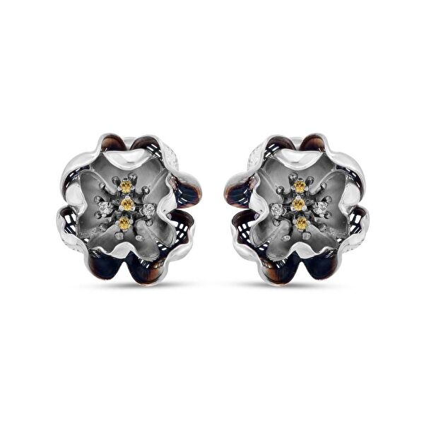 Gallica Sarı-Beyaz Tohumlu Gül Model Gümüş Küpe