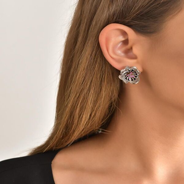 Gallica Siyah-Pembe Tohumlu Gül Model Gümüş Küpe