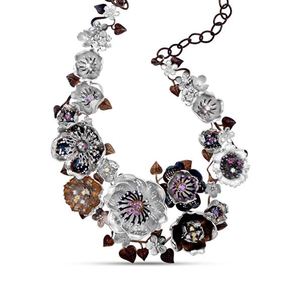Gallica Siyah-Pembe Tohumlu Gül Model Gümüş Kolye
