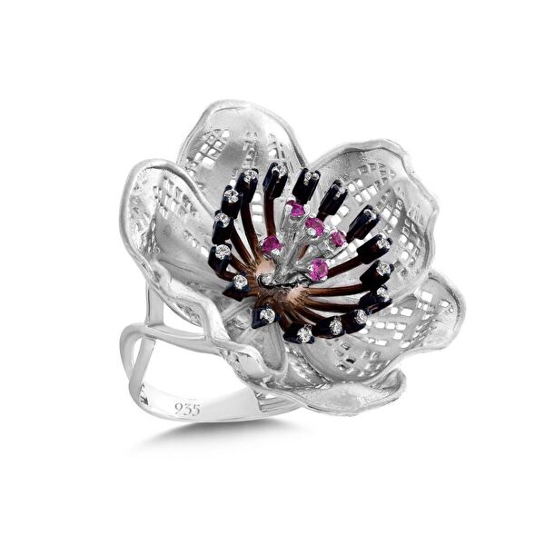Gallica Siyah-Pembe Tohumlu Gül Model Gümüş Yüzük