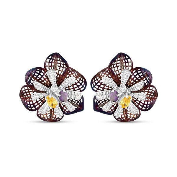 Gallica Delik Yapraklı Mor-Sarı Tohumlu Gül Model Gümüş Küpe