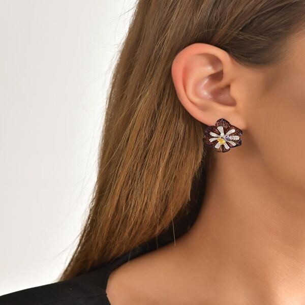 Gallica Delik Yapraklı Mor-Sarı Tohumlu Gül Model Gümüş Küpe