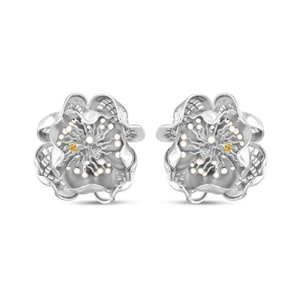 Gallica Çok Yapraklı Mine Tohumlu Gül Modeli Gümüş Küpe