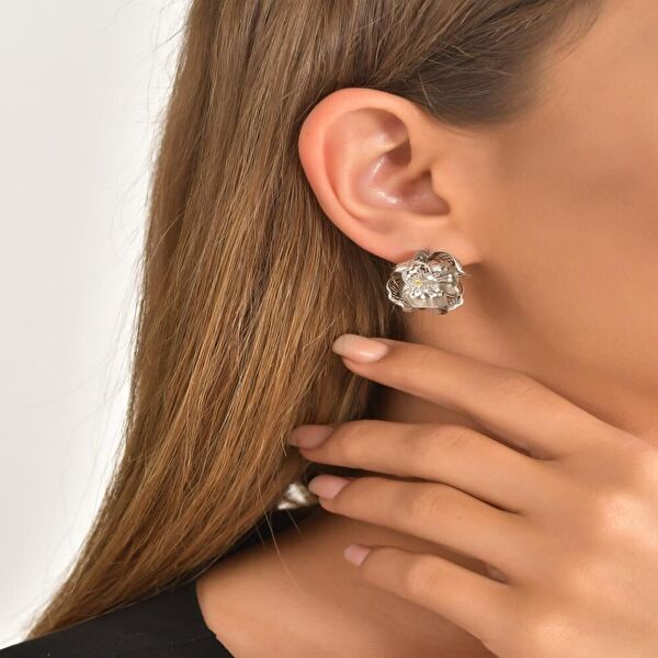 Gallica Çok Yapraklı Mine Tohumlu Gül Modeli Gümüş Küpe