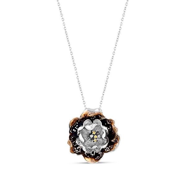 Gallica Sarı-Beyaz Tohumlu Gül Model Koyu Renk Gümüş Kolye