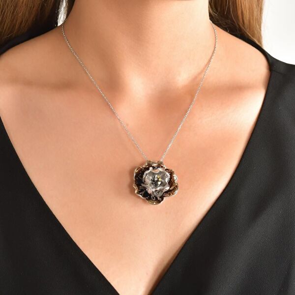 Gallica Sarı-Beyaz Tohumlu Gül Model Koyu Renk Gümüş Kolye
