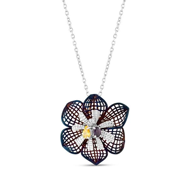 Gallica Delik Yapraklı Mor-Sarı Tohumlu Gül Model Gümüş Kolye