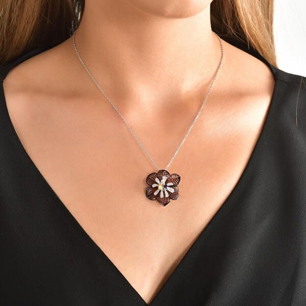 Gallica Delik Yapraklı Mor-Sarı Tohumlu Gül Model Gümüş Kolye