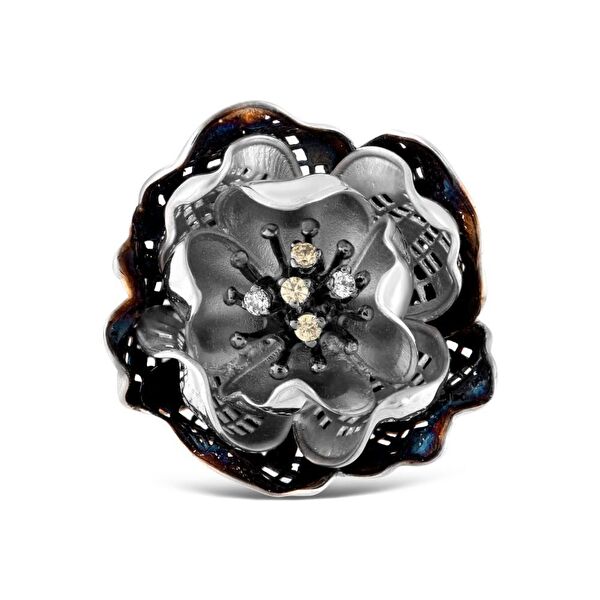 Gallica Sarı-Beyaz Tohumlu Gül Model Koyu Renk Gümüş Yüzük