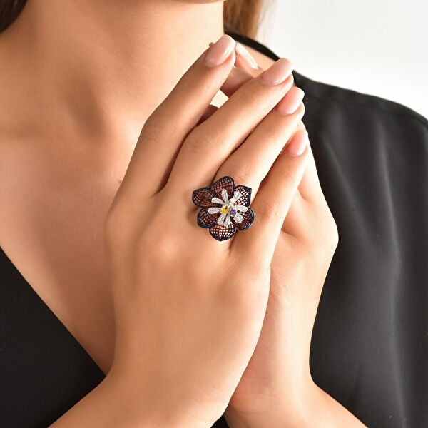 Gallica Delik Yapraklı Mor-Sarı Tohumlu Gül Model Gümüş Yüzük