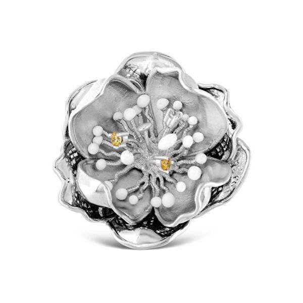 Gallica Çok Yapraklı Mine Tohumlu Gül Modeli Gümüş Yüzük