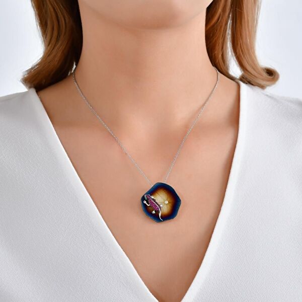 Global Warming Yaprak ve Pembe Kertenkele Tasarımlı Gümüş Kolye