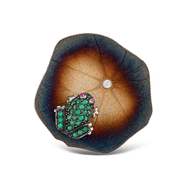 Global Warming Nilüfer Yaprağı ve Yeşil Kurbağa Tasarımlı Gümüş Yüzük