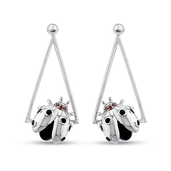 Ladybee Uğurböceği ve Üçgen Çerçeve Tasarımlı Gümüş Küpe