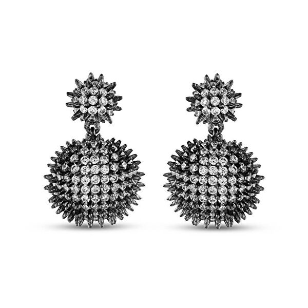 Hedgehog Siyah Yarım Top-Altı Düz Rodajlı Gümüş Küpe