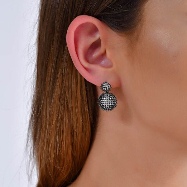 Hedgehog Siyah Yarım Top-Altı Düz Rodajlı Gümüş Küpe