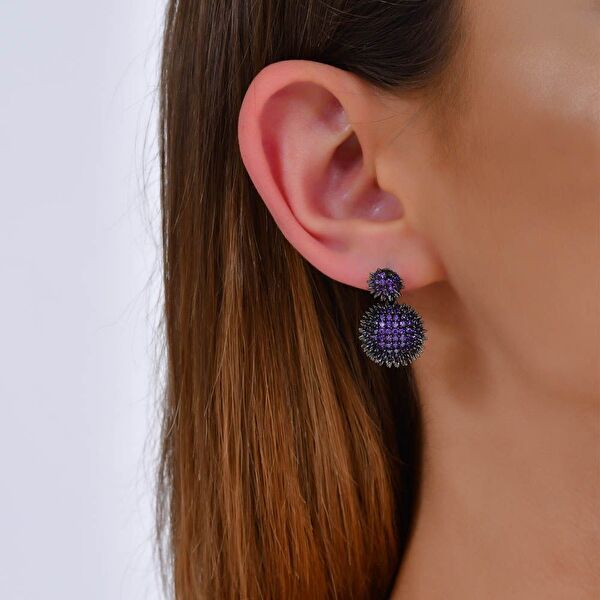 Hedgehog Mor Yarım Top-Altı Düz Rodajlı Gümüş Küpe