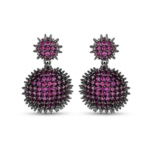 Hedgehog Fuşya Yarım Top-Altı Düz Rodajlı Gümüş Küpe