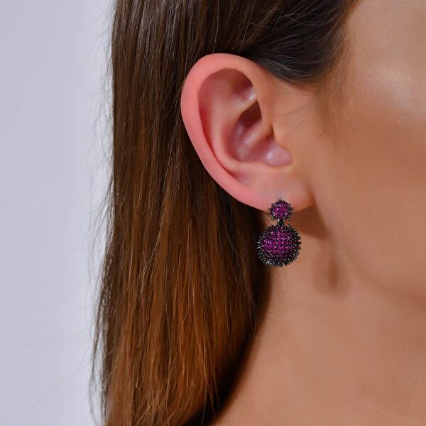 Hedgehog Fuşya Yarım Top-Altı Düz Rodajlı Gümüş Küpe