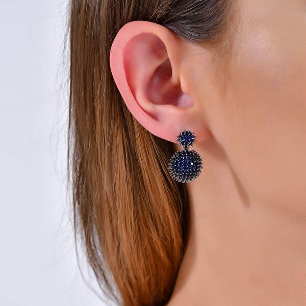 Hedgehog Mavi Yarım Top-Altı Düz Rodajlı Gümüş Küpe