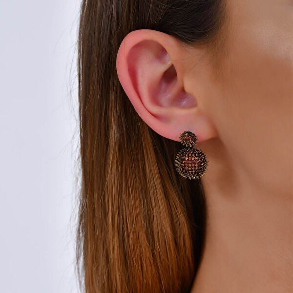 Hedgehog Kahverengi Yarım Top-Altı Düz Rose Altın Renkli Gümüş Küpe