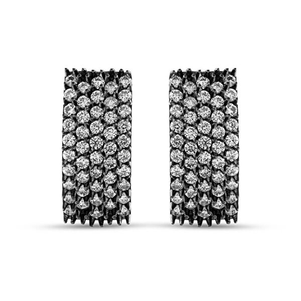 Hedgehog Siyah Bombeli Dikdörtgen Tasarımlı Rodajlı Gümüş Küpe