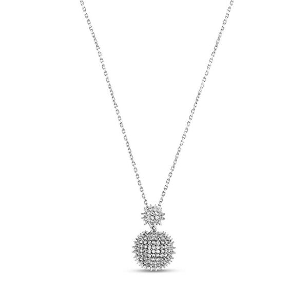 Hedgehog Beyaz Yarım Top - Altı Düz Gümüş Kolye