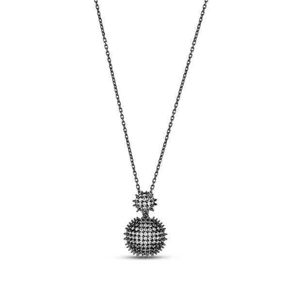 Hedgehog Siyah Yarım Top-Altı Düz Rodajlı Gümüş Kolye