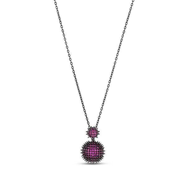 Hedgehog Fuşya Yarım Top-Altı Düz Rodajlı Gümüş Kolye