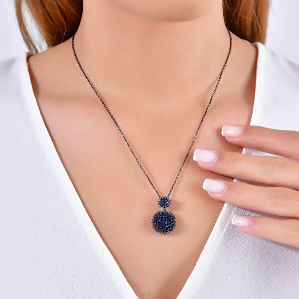 Hedgehog Mavi Yarım Top-Altı Düz Rodajlı Gümüş Kolye