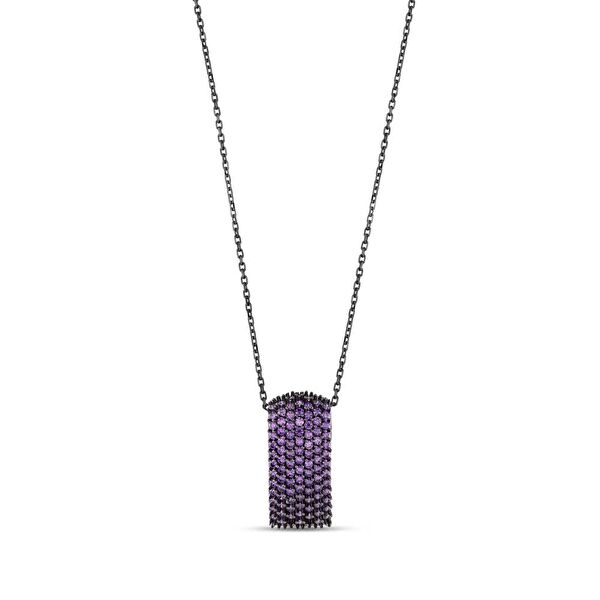 Hedgehog Mor Bombeli Dikdörtgen Tasarımlı Rodajlı Gümüş Kolye