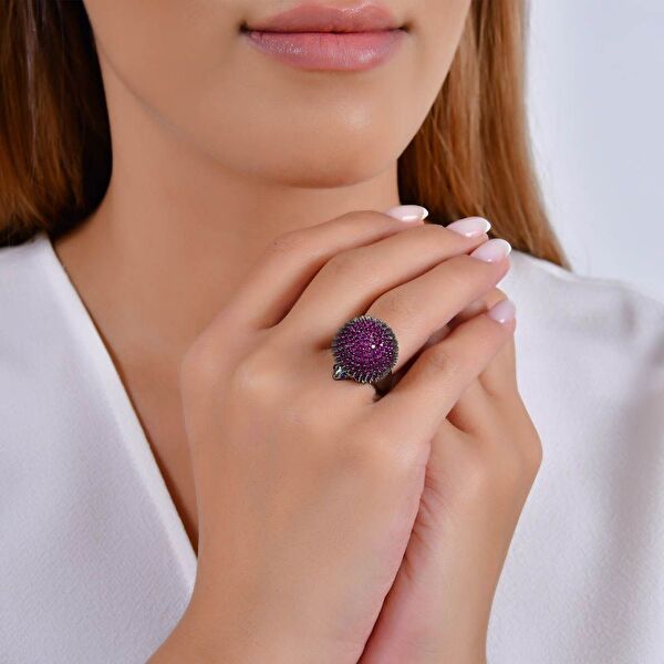 Hedgehog Fuşya Kirpi Tasarımlı Rodajlı Gümüş Yüzük