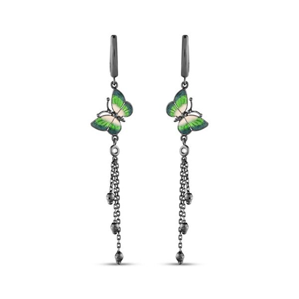 Night Yeşil Kelebek Tasarımlı Askılı Gümüş Küpe