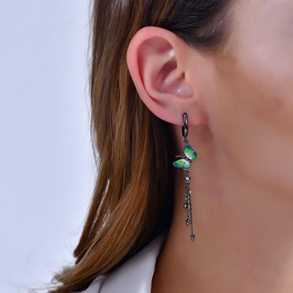 Night Yeşil Kelebek Tasarımlı Askılı Gümüş Küpe