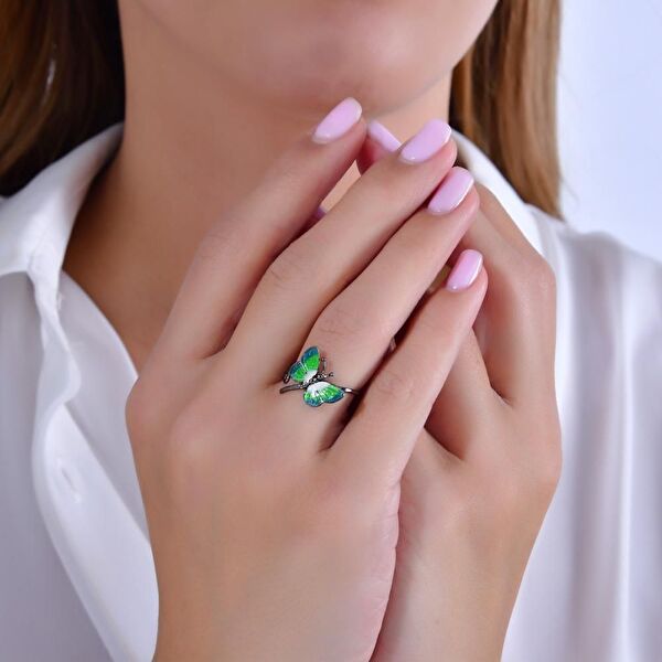 Night Yeşil Kelebek Tasarımlı Gümüş Yüzük