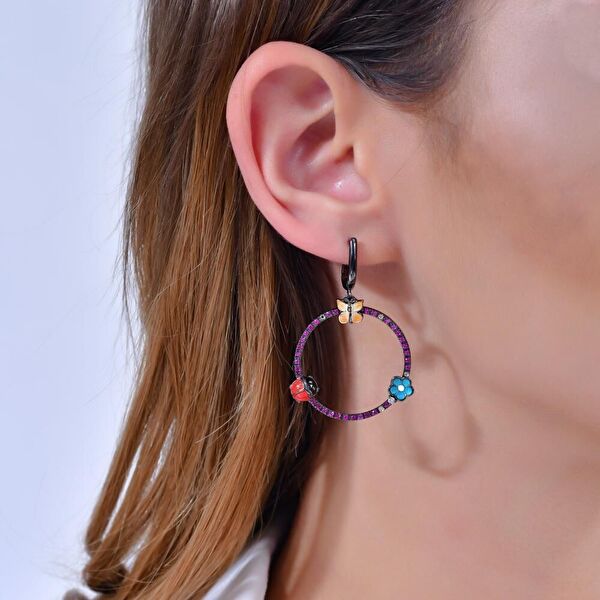 Night Kelebek - Uğur Böceği - Çiçek Tasarımlı Gümüş Küpe