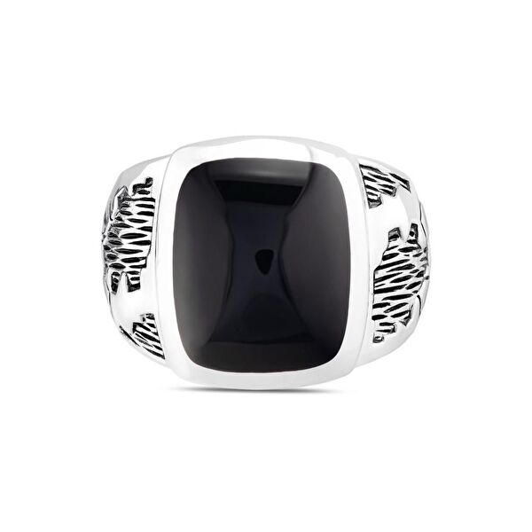 Bravoman Siyah Agat Taşlı Kare Kesim Gümüş Yüzük