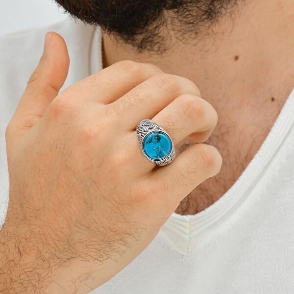 Bravoman Turkuaz Taşlı Yuvarlak Gümüş Yüzük