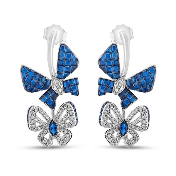 Eclat Mavi Kelebekli Gümüş Küpe