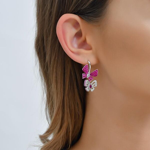 Eclat Pembe Kelebekli Gümüş Küpe