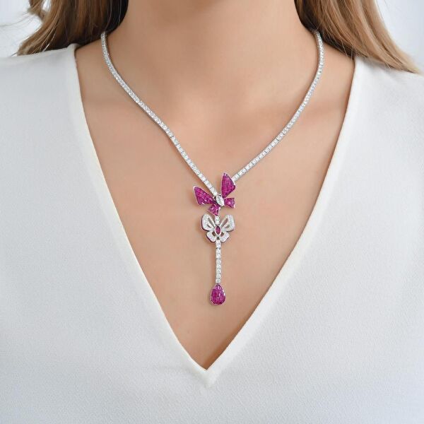 Eclat Pembe Kelebekli Gümüş Kolye