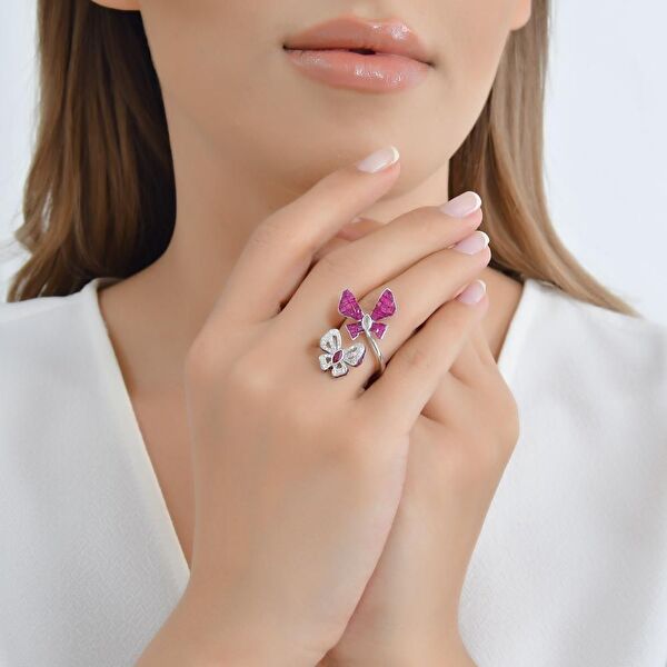 Eclat Pembe Kelebekli Gümüş Yüzük