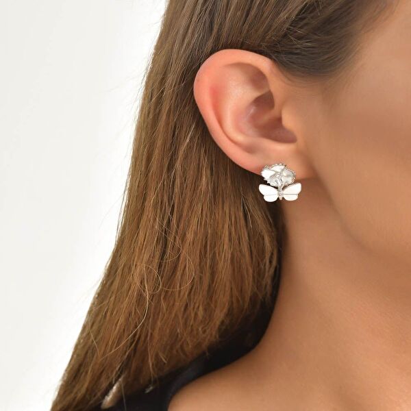 White Dreams Model-14 Kelebek ve Çiçek Tasarımlı Gümüş Küpe