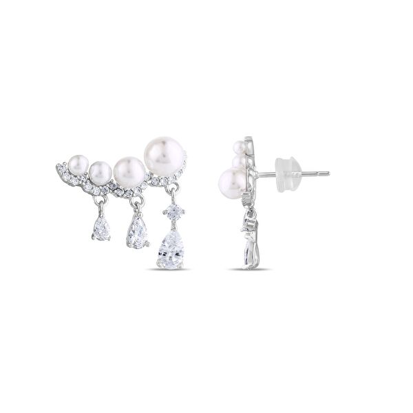 Gift Koleksiyonu Sıralı İncili ve Damla Taşlı Kavisli Gümüş Ear Climber Küpe