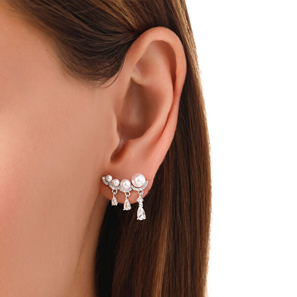 Gift Koleksiyonu Sıralı İncili ve Damla Taşlı Kavisli Gümüş Ear Climber Küpe