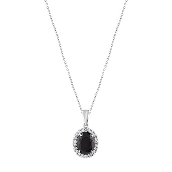 Gift Koleksiyonu Oval Siyah Taşlı Gümüş Kolye