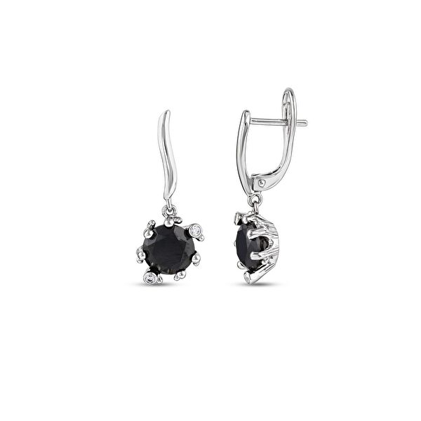 Gift Koleksiyonu Siyah Taşlı ve Zirkon Detaylı Sallantılı Gümüş Küpe