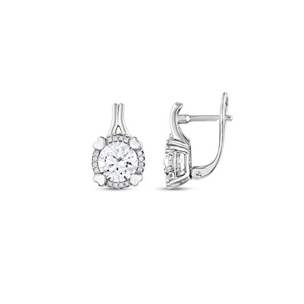 Gift Koleksiyonu Beyaz Taşlı Kalp Tırnaklı Gümüş Küpe